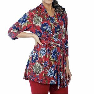 New Kim & Co Red Floral Lightweight Cardigan Top Size Large bin 3H